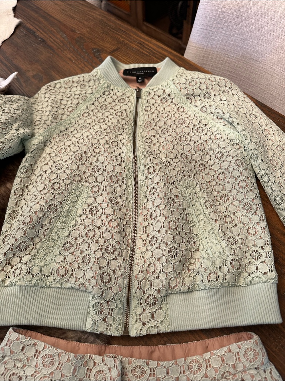 Victoria Beckham Pale Mint Lace Bomber Jacket